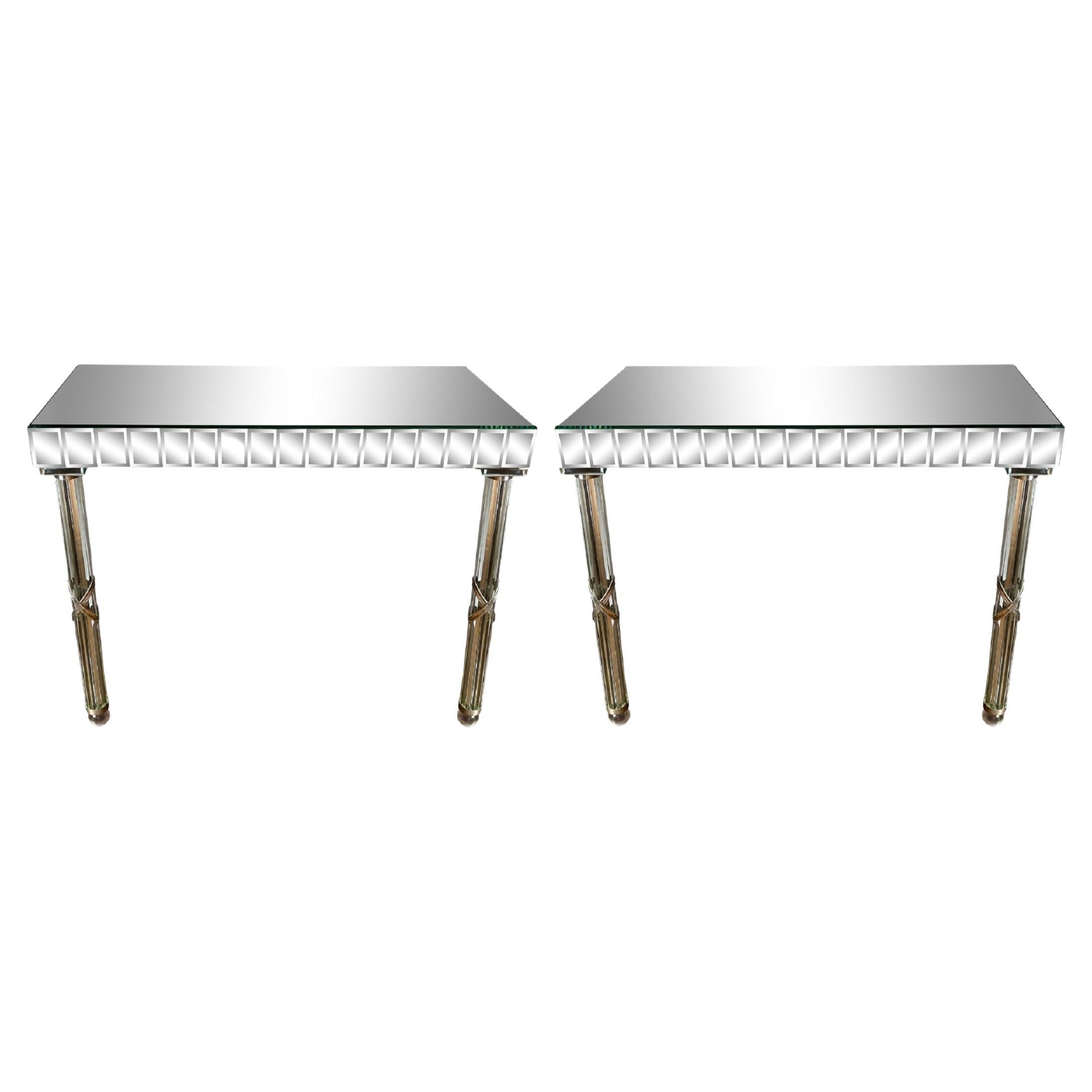 Pair of French Art Deco Mirrored Console Table with Glass Rod Legs, 1940s