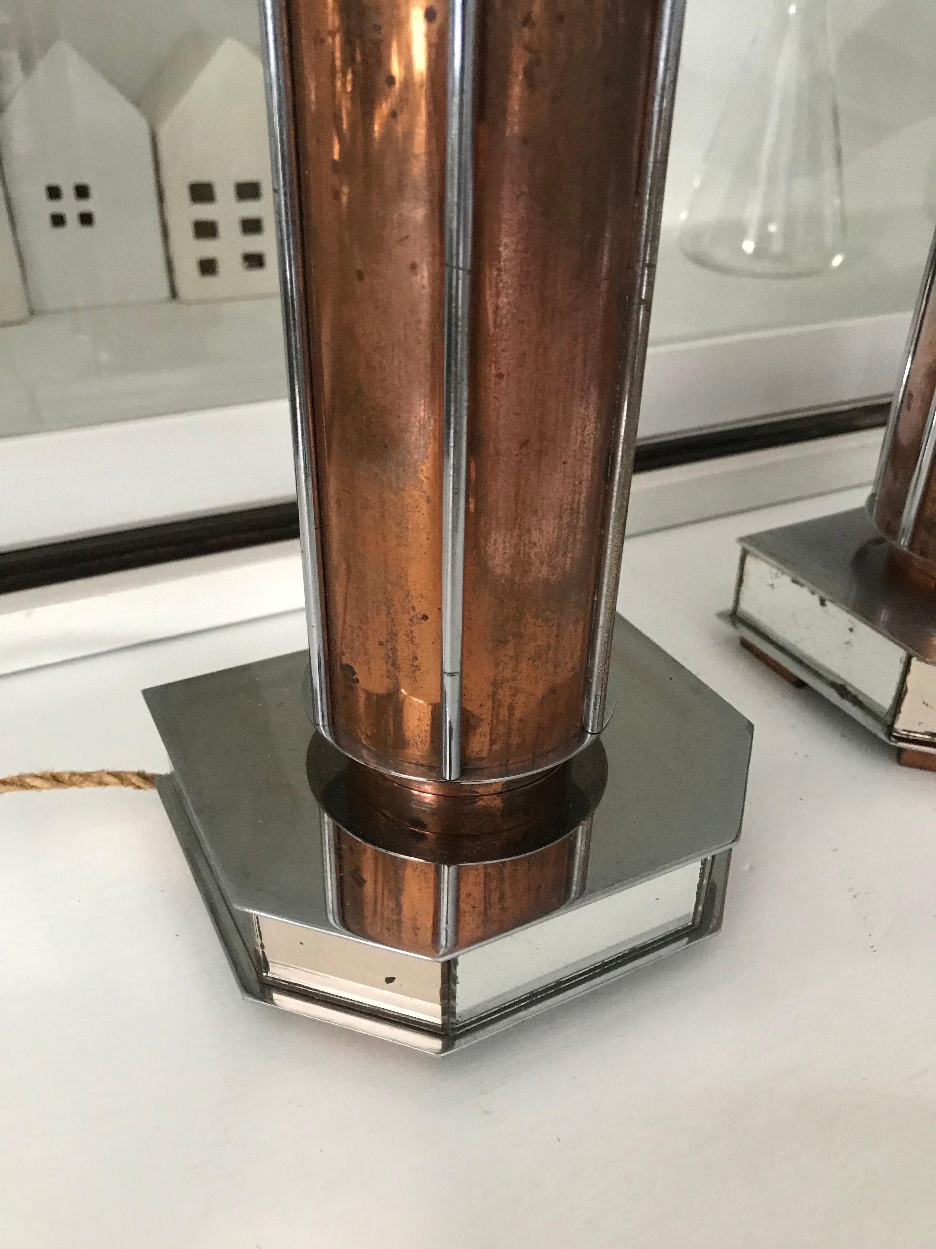 Pair of French Art Deco/Modernist Chrome & Copper Table Lamps with Glass Shades For Sale 3