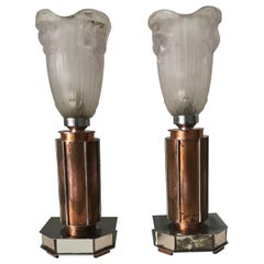 Pair of French Art Deco/Modernist Chrome & Copper Table Lamps with Glass Shades