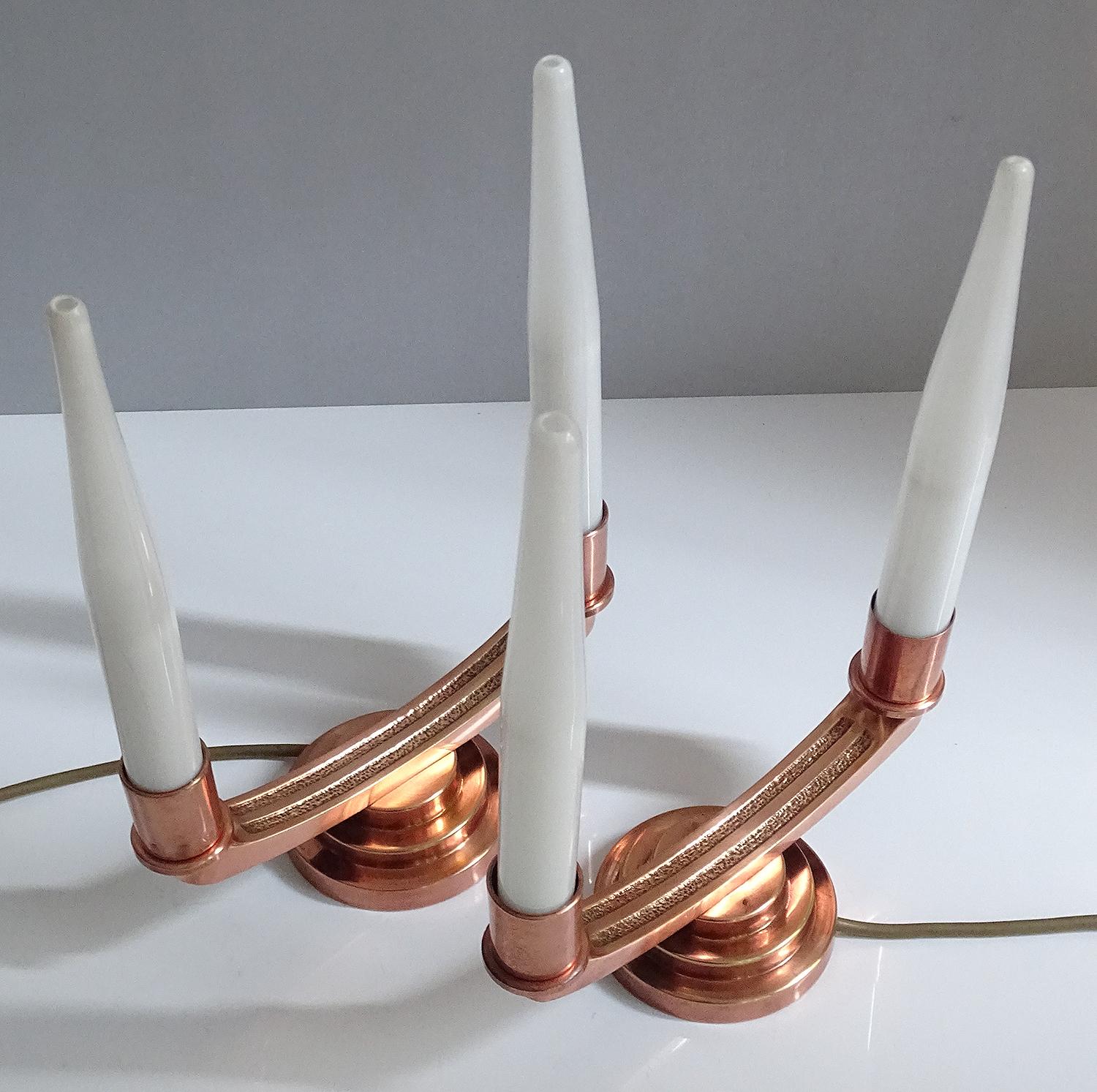 Pair of French Art Deco Modernist Uplighter  Lamps, Brass Copper Glass  Lights For Sale 5