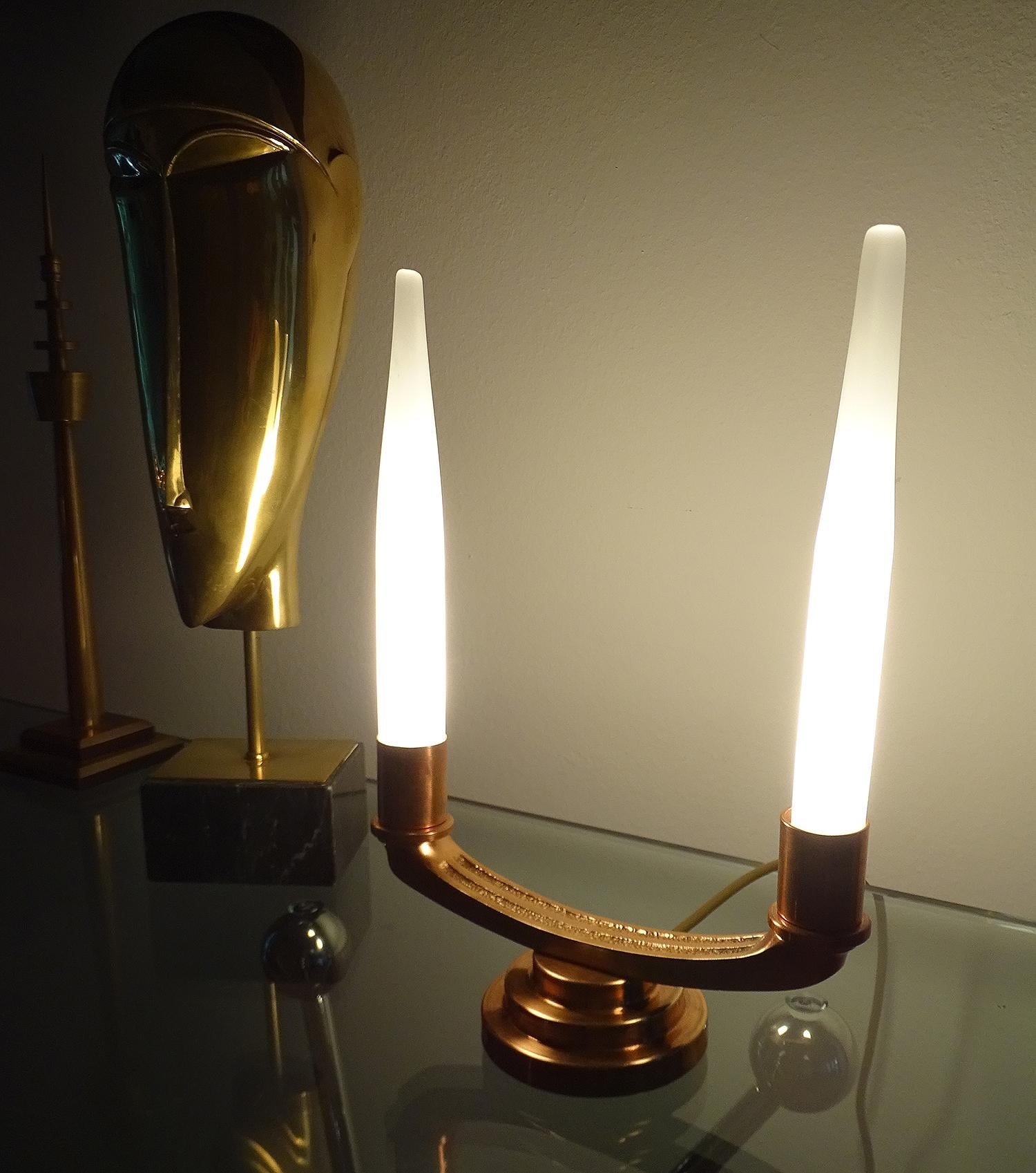 Pair of French Art Deco Modernist Uplighter  Lamps, Brass Copper Glass  Lights For Sale 9