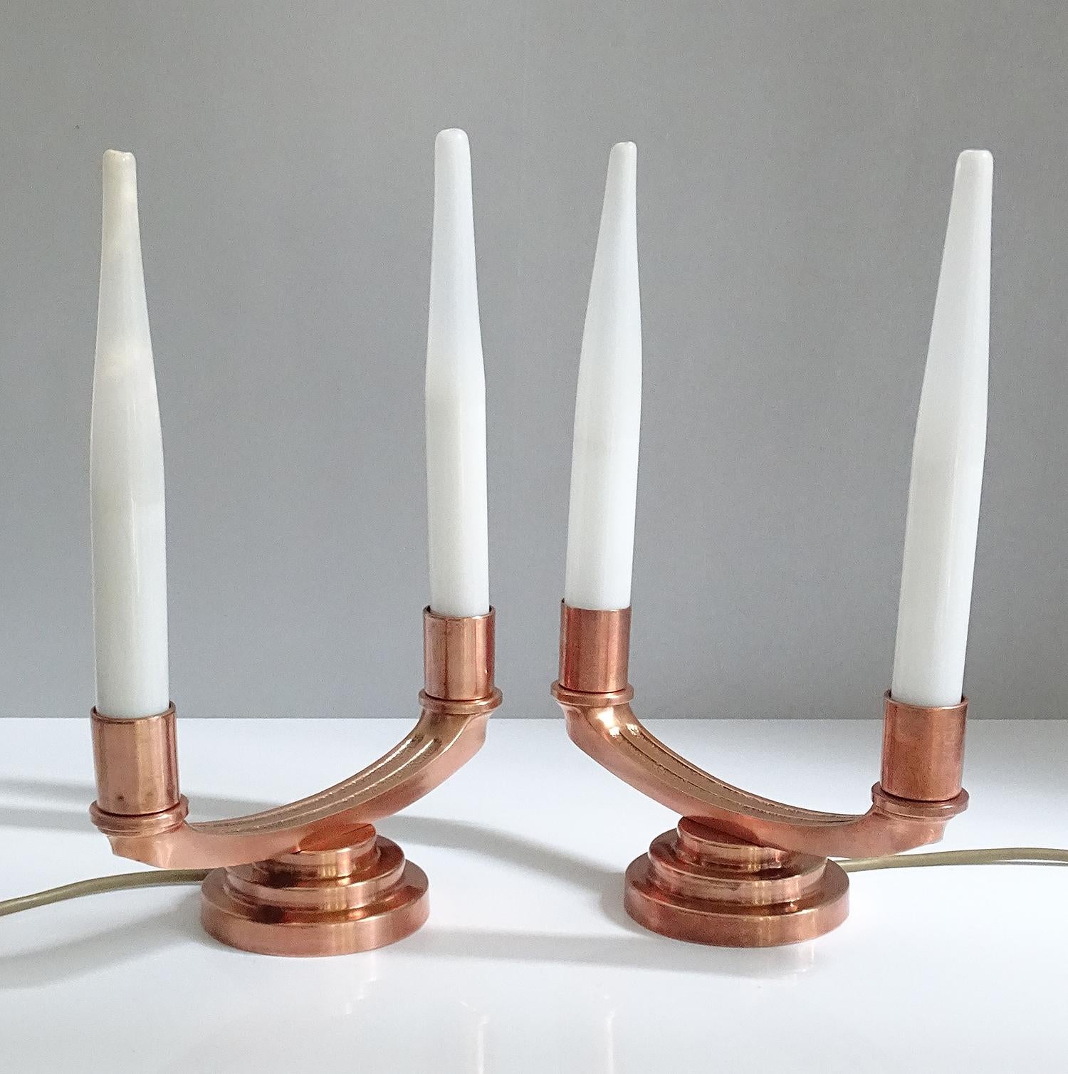 Mid-20th Century Pair of French Art Deco Modernist Uplighter  Lamps, Brass Copper Glass  Lights For Sale