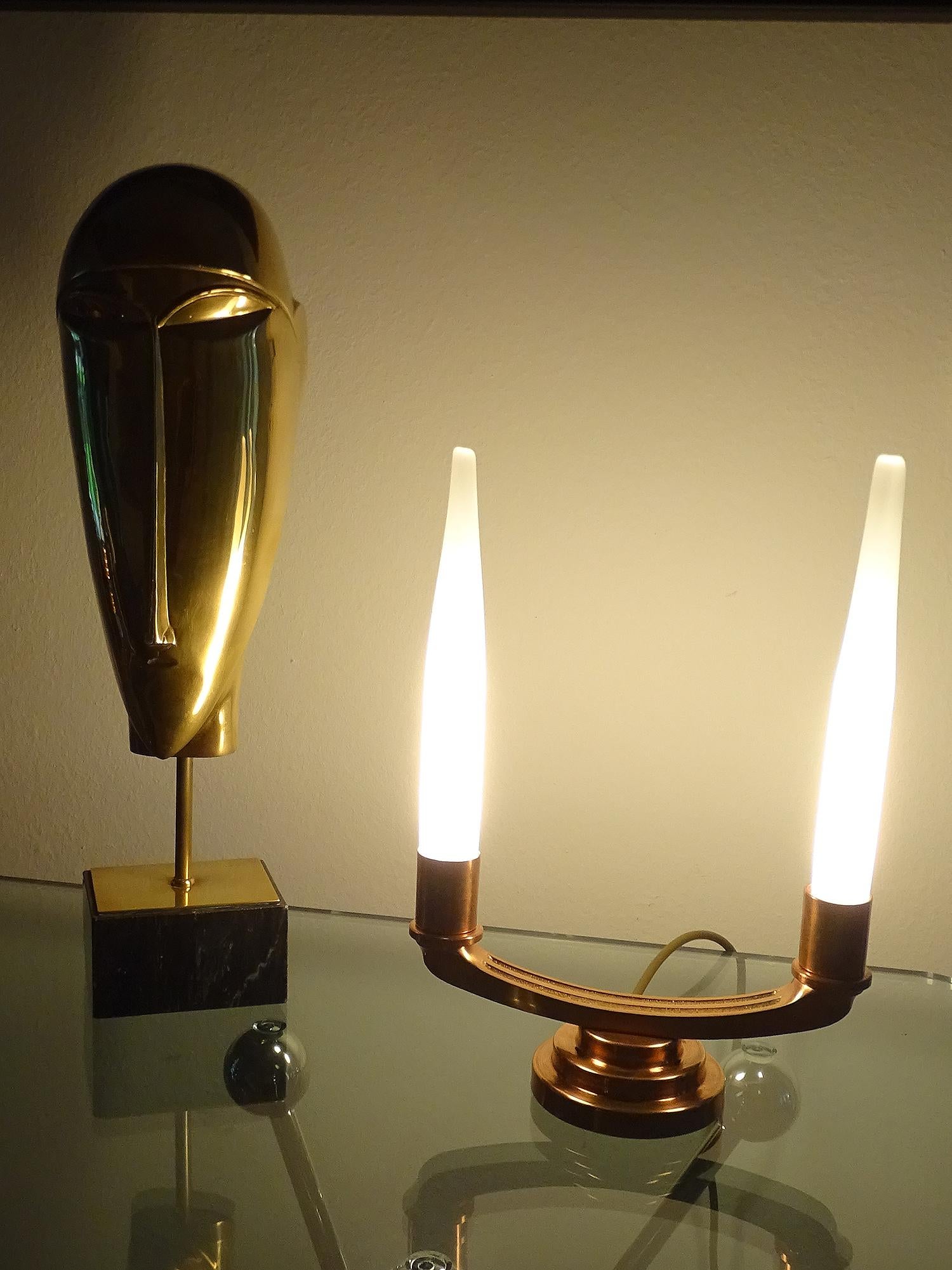 Bronze Pair of French Art Deco Modernist Uplighter  Lamps, Brass Copper Glass  Lights For Sale