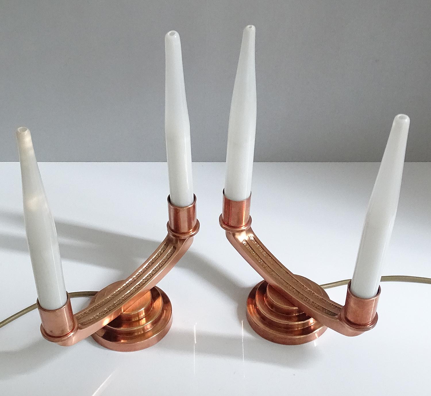 Pair of French Art Deco Modernist Uplighter  Lamps, Brass Copper Glass  Lights For Sale 1