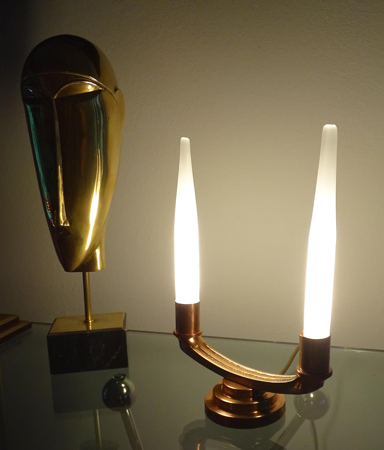 Pair of French Art Deco Modernist Uplighter  Lamps, Brass Copper Glass  Lights For Sale 2