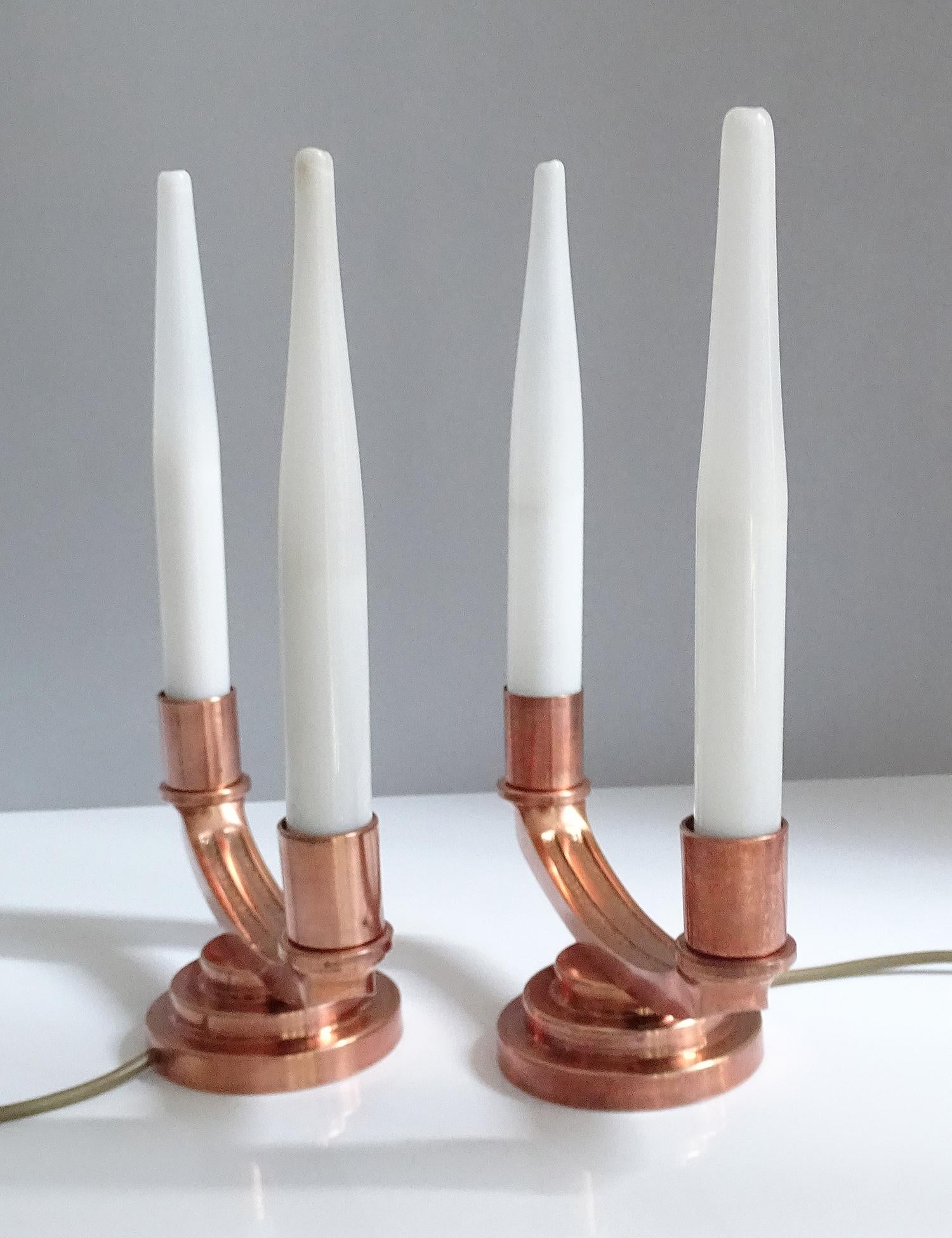 Pair of French Art Deco Modernist Uplighter  Lamps, Brass Copper Glass  Lights For Sale 3