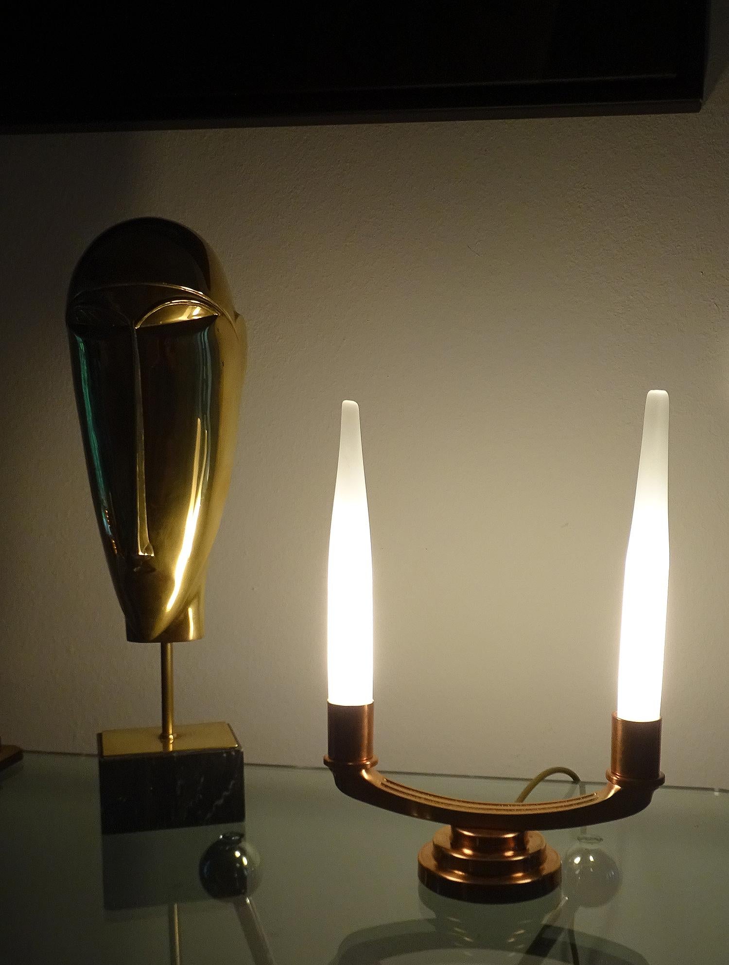 Pair of French Art Deco Modernist Uplighter  Lamps, Brass Copper Glass  Lights For Sale 4