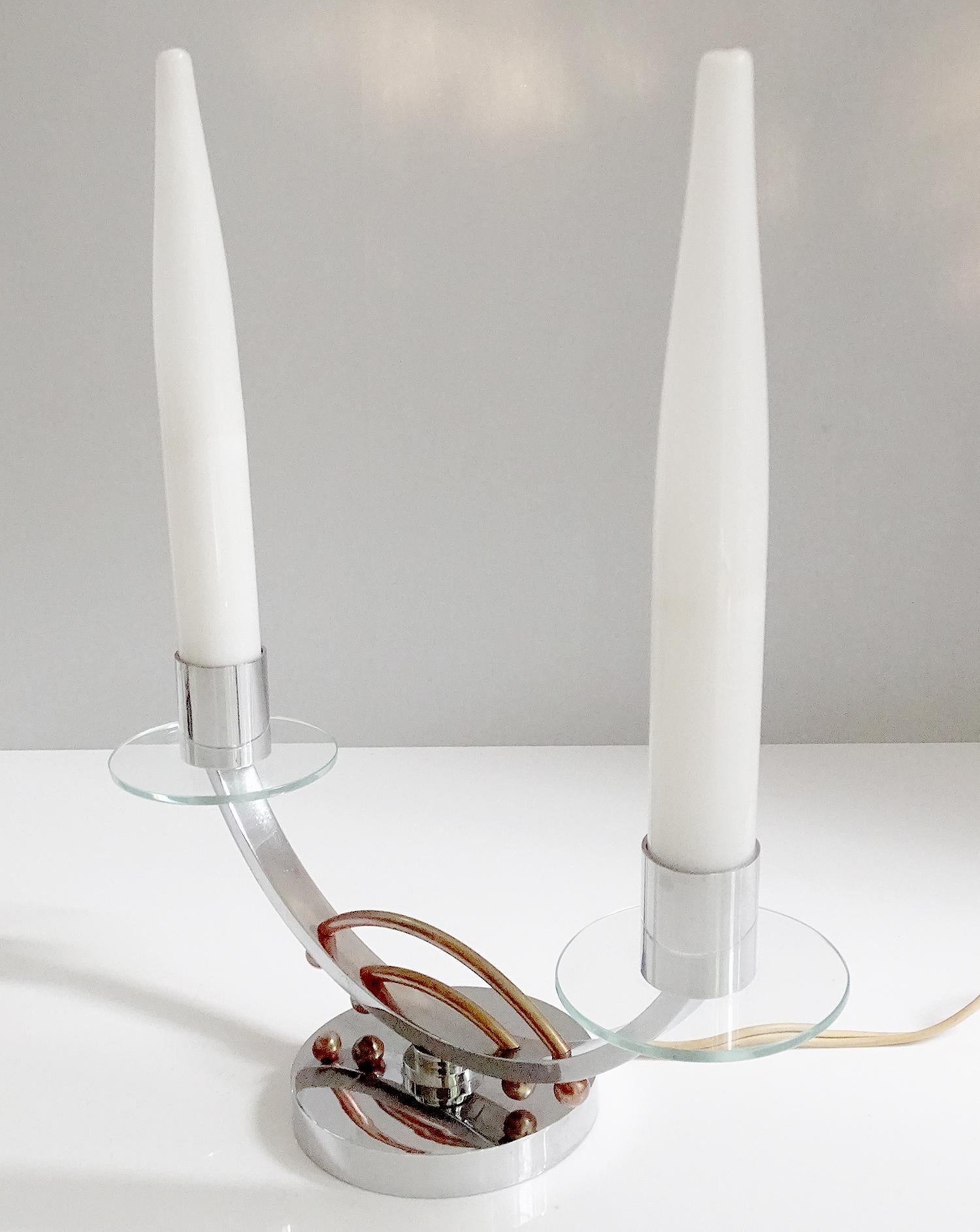 Pair of French Art Deco Modernist Table Uplighter Lamps, Chrome Glass Lights For Sale 5