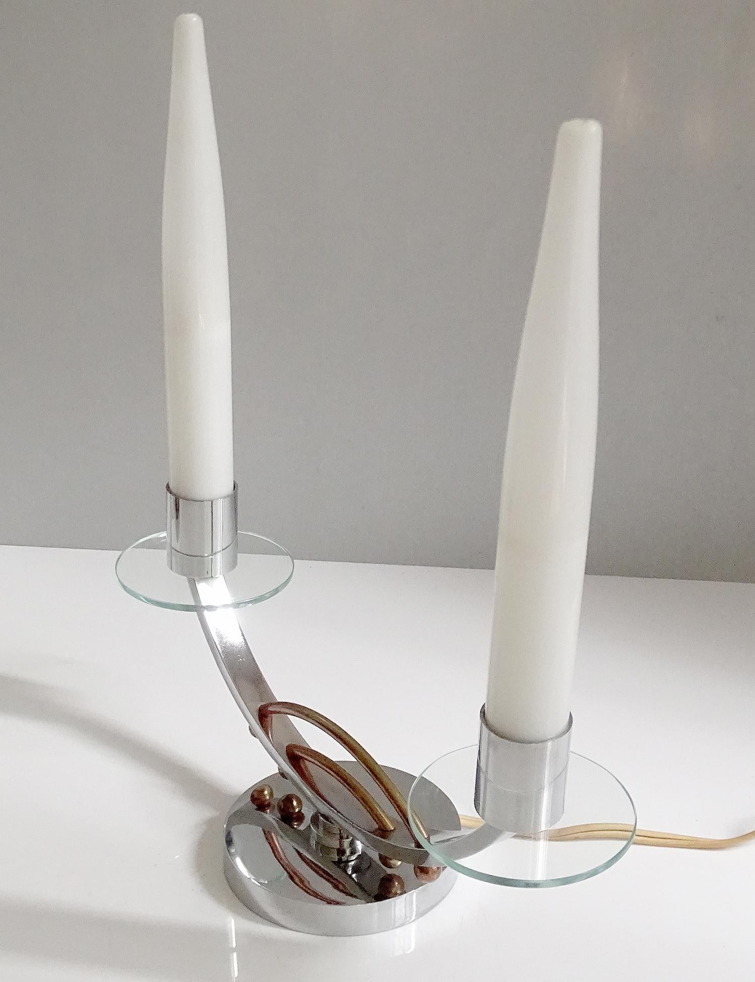 Pair of French Art Deco Modernist Table Uplighter Lamps, Chrome Glass Lights For Sale 6