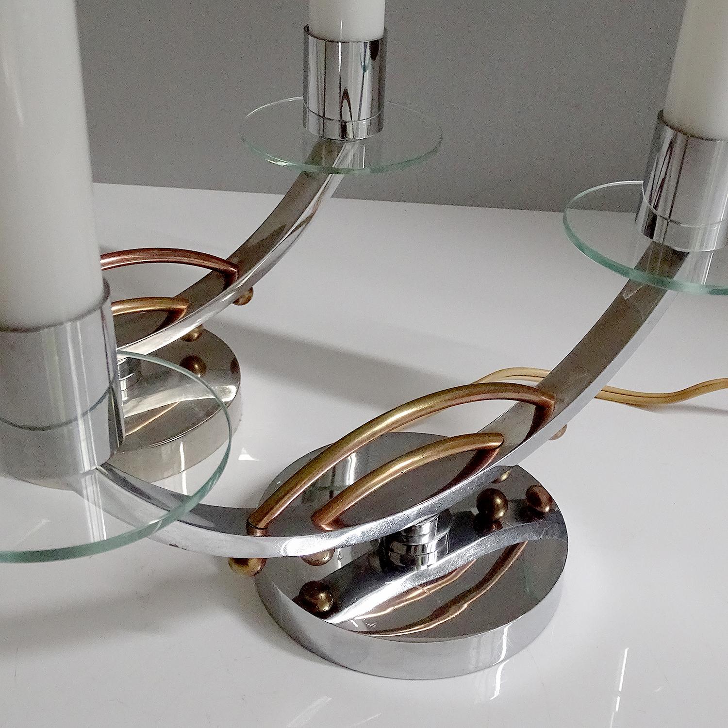 Pair of French Art Deco Modernist Table Uplighter Lamps, Chrome Glass Lights For Sale 7