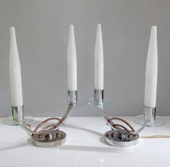 Pair of French Art Deco Modernist Table Uplighter Lamps, Chrome Glass Lights