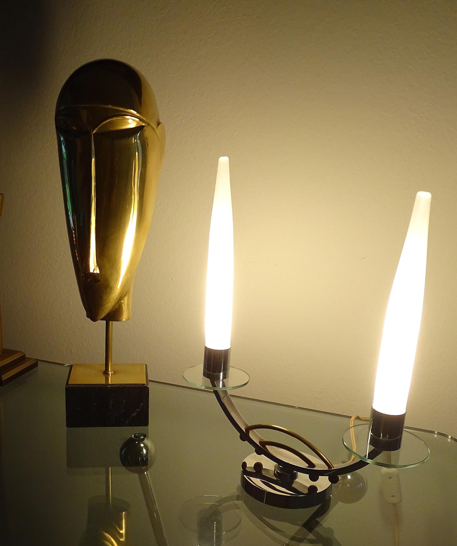 Brass Pair of French Art Deco Modernist Table Uplighter Lamps, Chrome Glass Lights For Sale