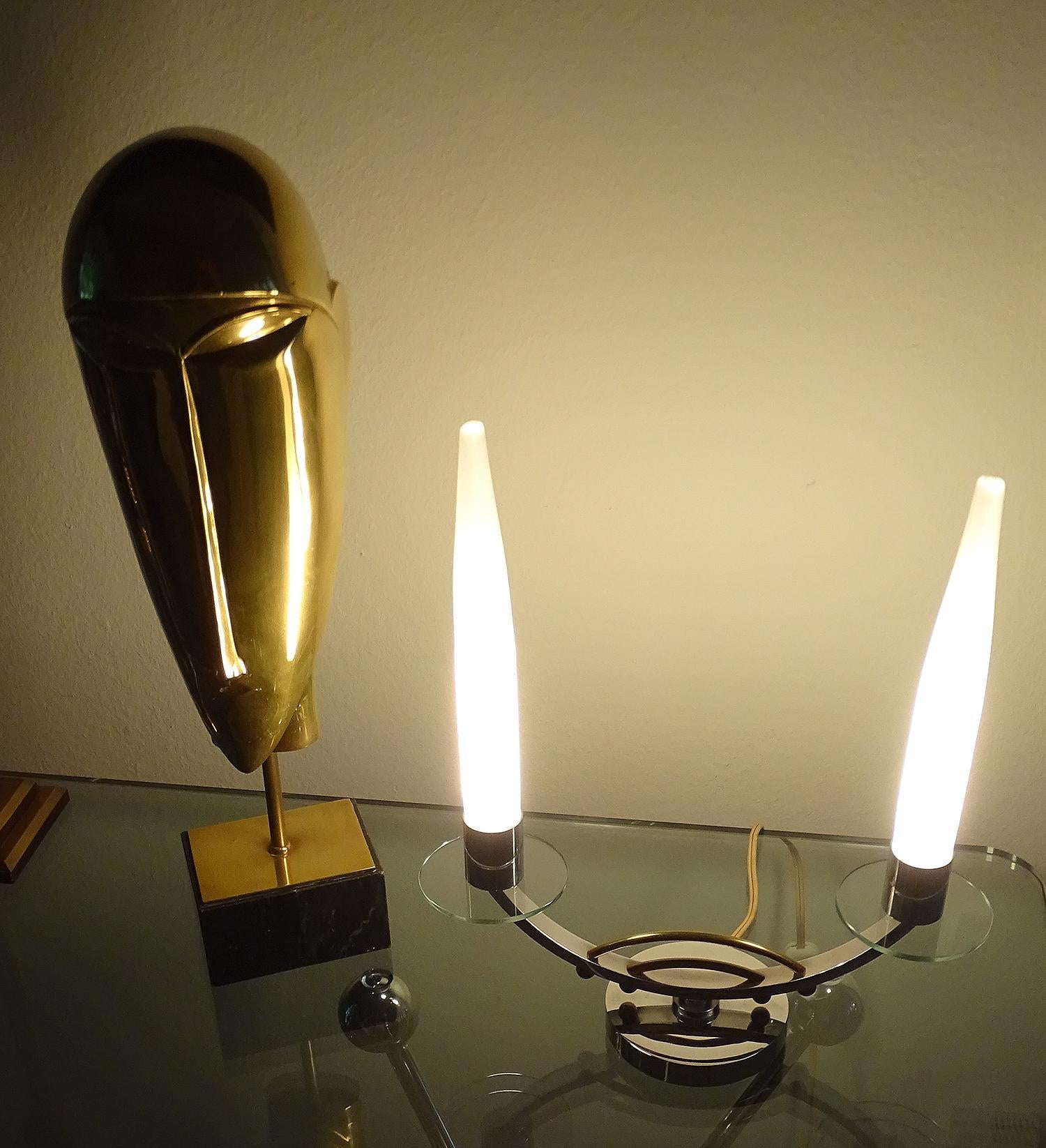 Pair of French Art Deco Modernist Table Uplighter Lamps, Chrome Glass Lights For Sale 2