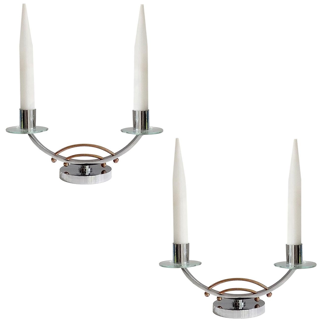 Pair of French Art Deco Modernist Table Uplighter Lamps, Chrome Glass Lights For Sale