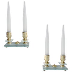 Pair of French Art Deco Modernist Uplighter Lamps, Brass Glass Lights