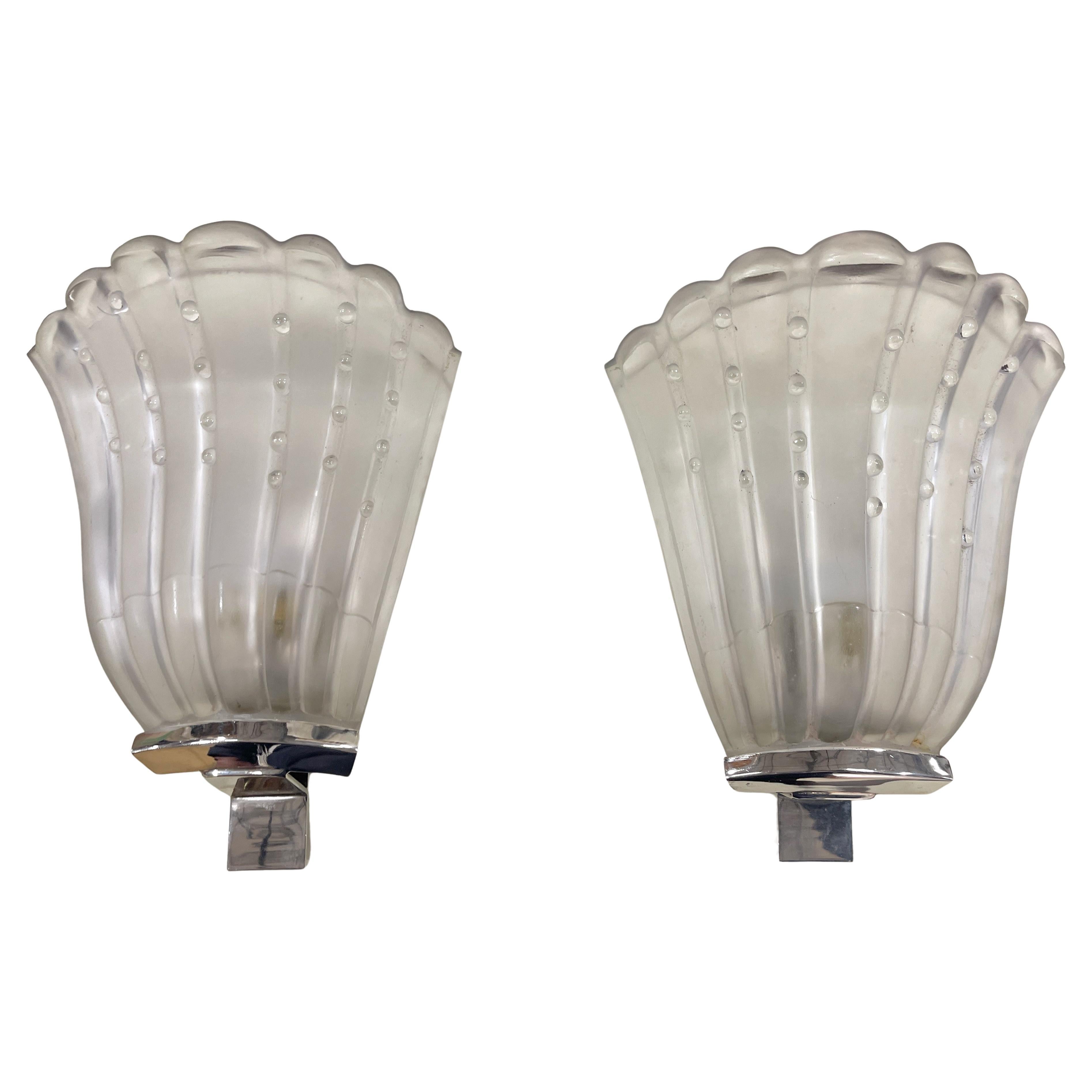 Pair of French Art Deco Molded Glass Shell Sconces with Nickel Mounts For Sale