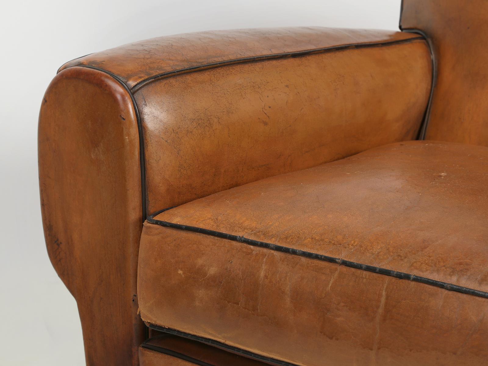 Pair of French Art Deco Moustache Back Leather Club Chairs Restored Internally 7