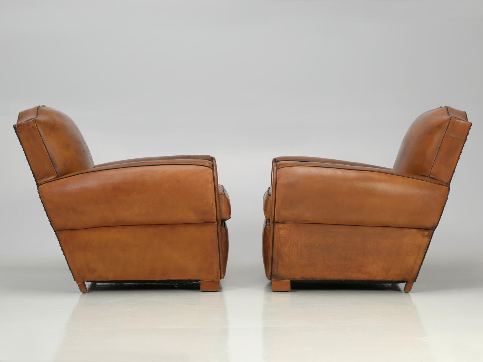 Pair of French Art Deco Moustache Back Leather Club Chairs Restored Internally 13