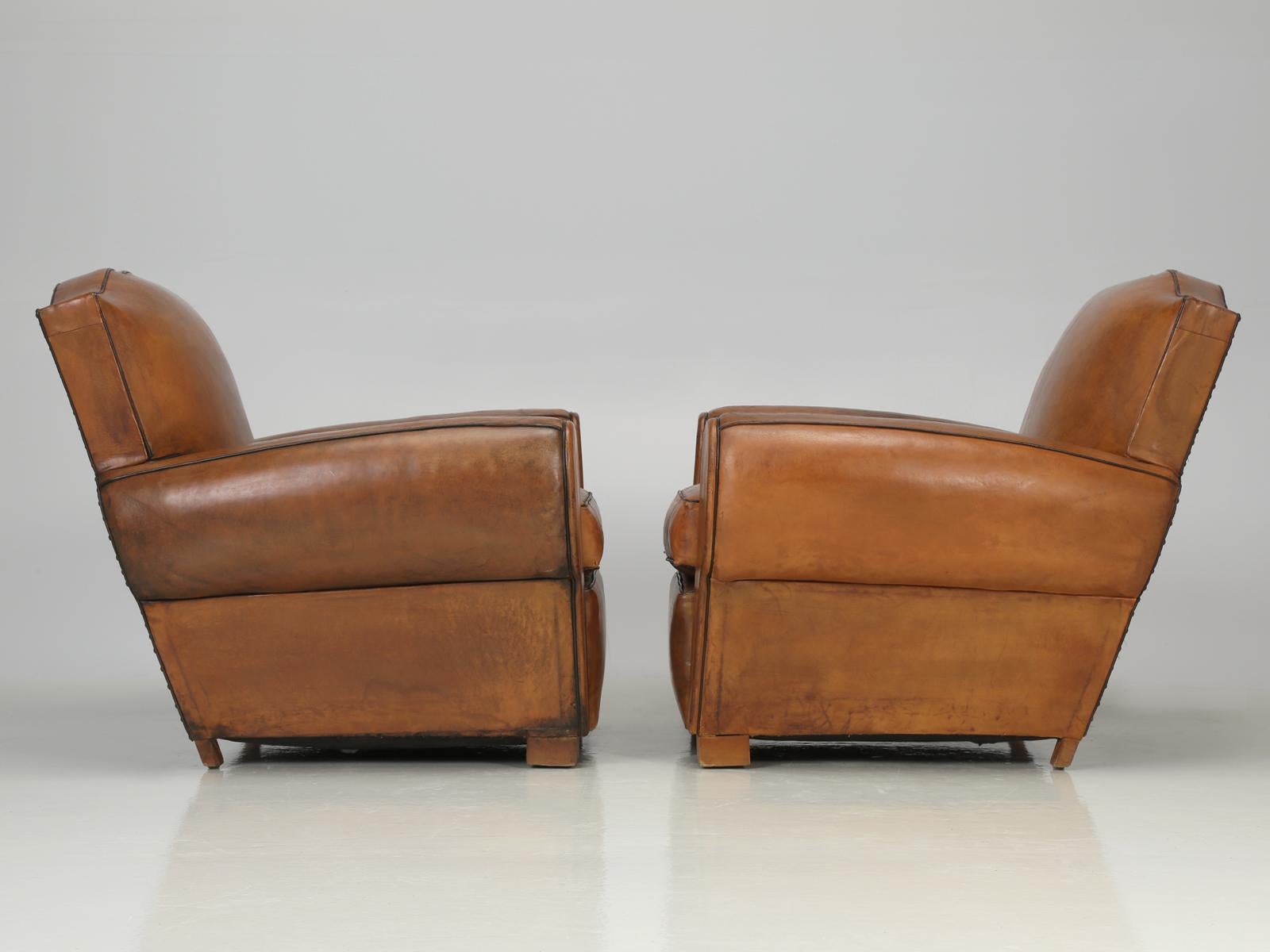 Pair of French Art Deco Moustache Back Leather Club Chairs Restored Internally 14