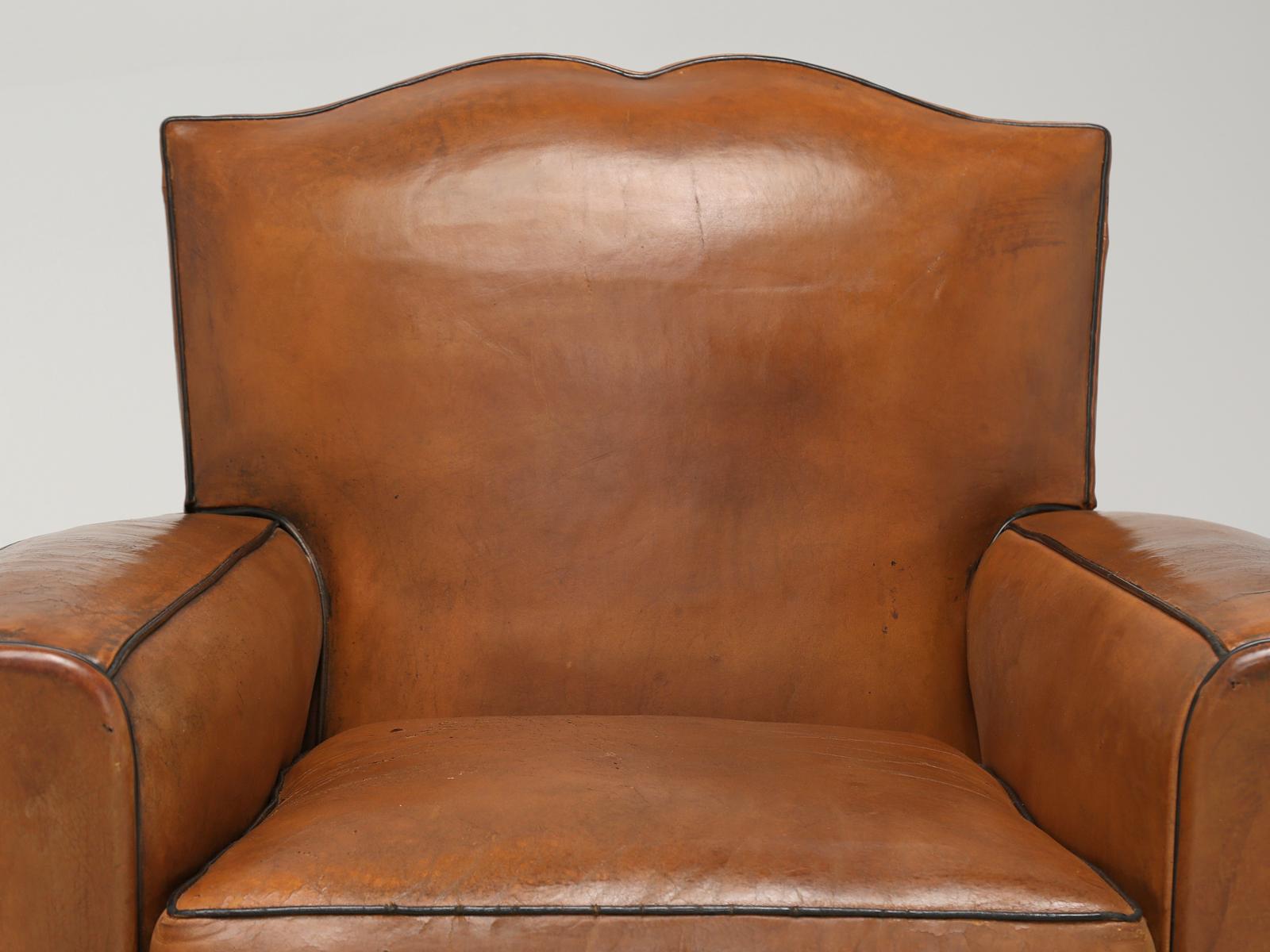 Pair of French Art Deco Moustache Back Leather Club Chairs Restored Internally In Good Condition In Chicago, IL