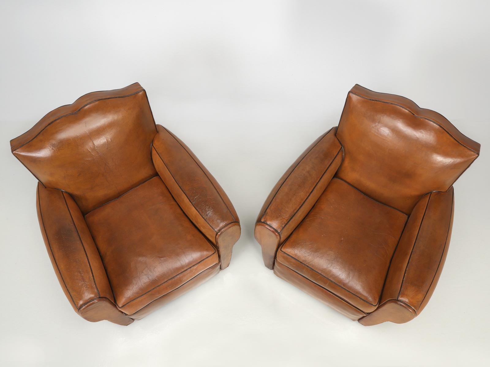 Mid-20th Century Pair of French Art Deco Moustache Back Leather Club Chairs Restored Internally