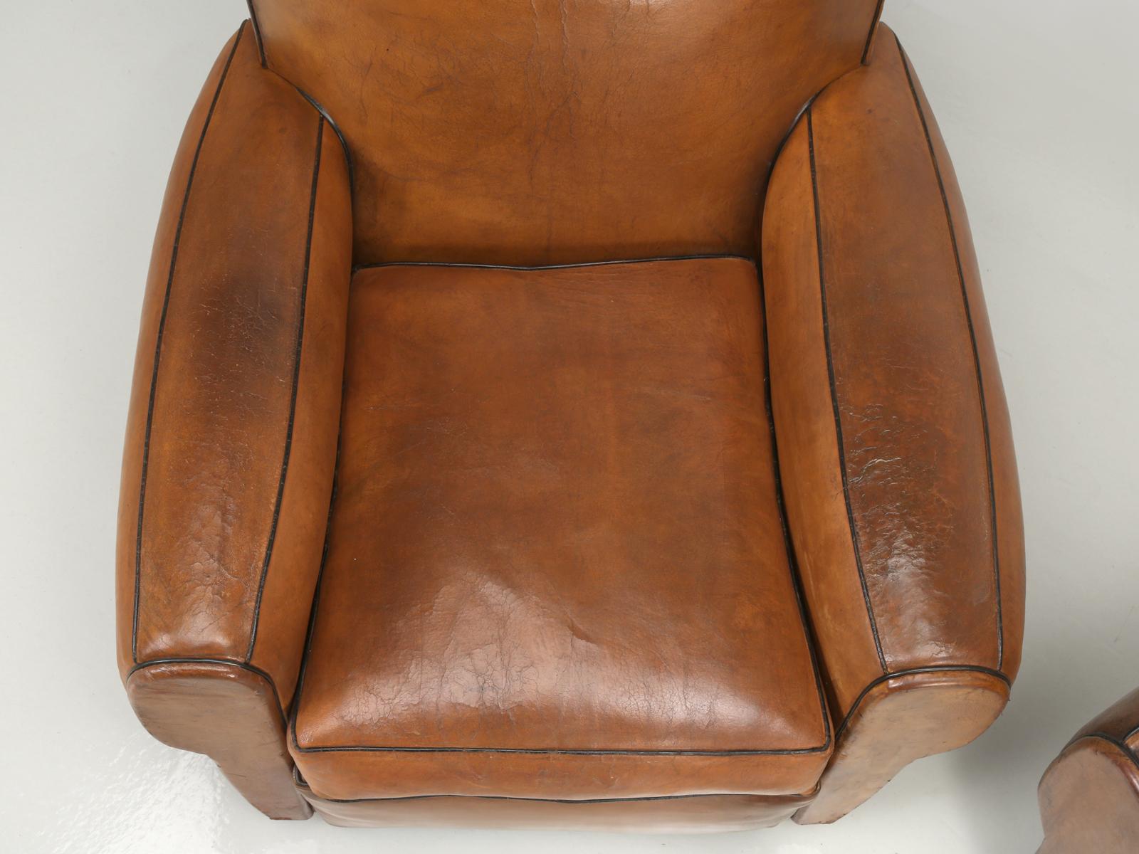 Pair of French Art Deco Moustache Back Leather Club Chairs Restored Internally 1