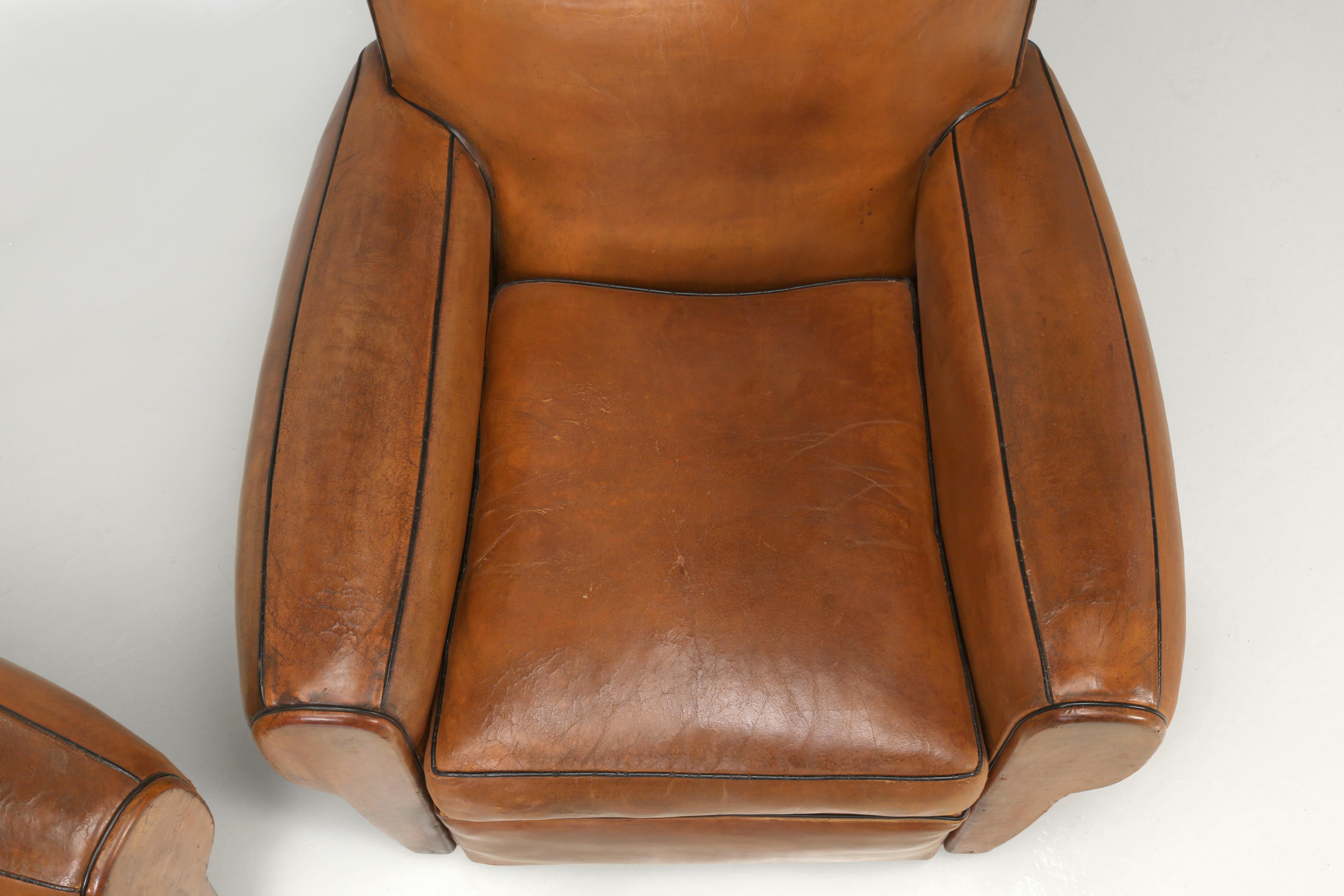 Pair of French Art Deco Moustache Back Leather Club Chairs Restored Internally 2
