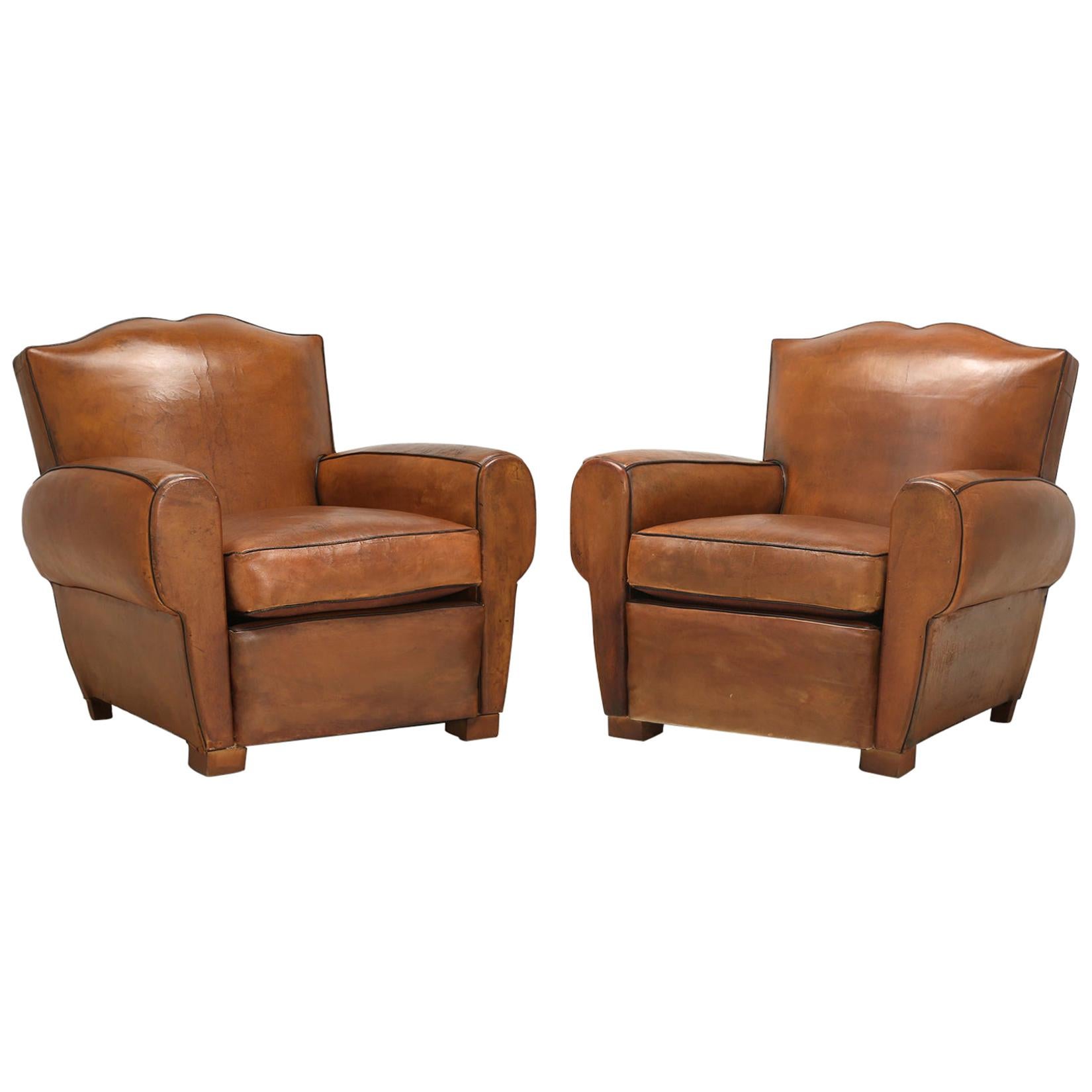 Pair of French Art Deco Moustache Back Leather Club Chairs Restored Internally