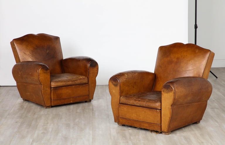Pair of French Art Deco 'Moustache' Leather Club Chairs, Paris, circa 1920  9