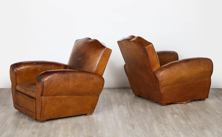 Pair of French Art Deco 'Moustache' Leather Club Chairs, Paris, circa 1920  1