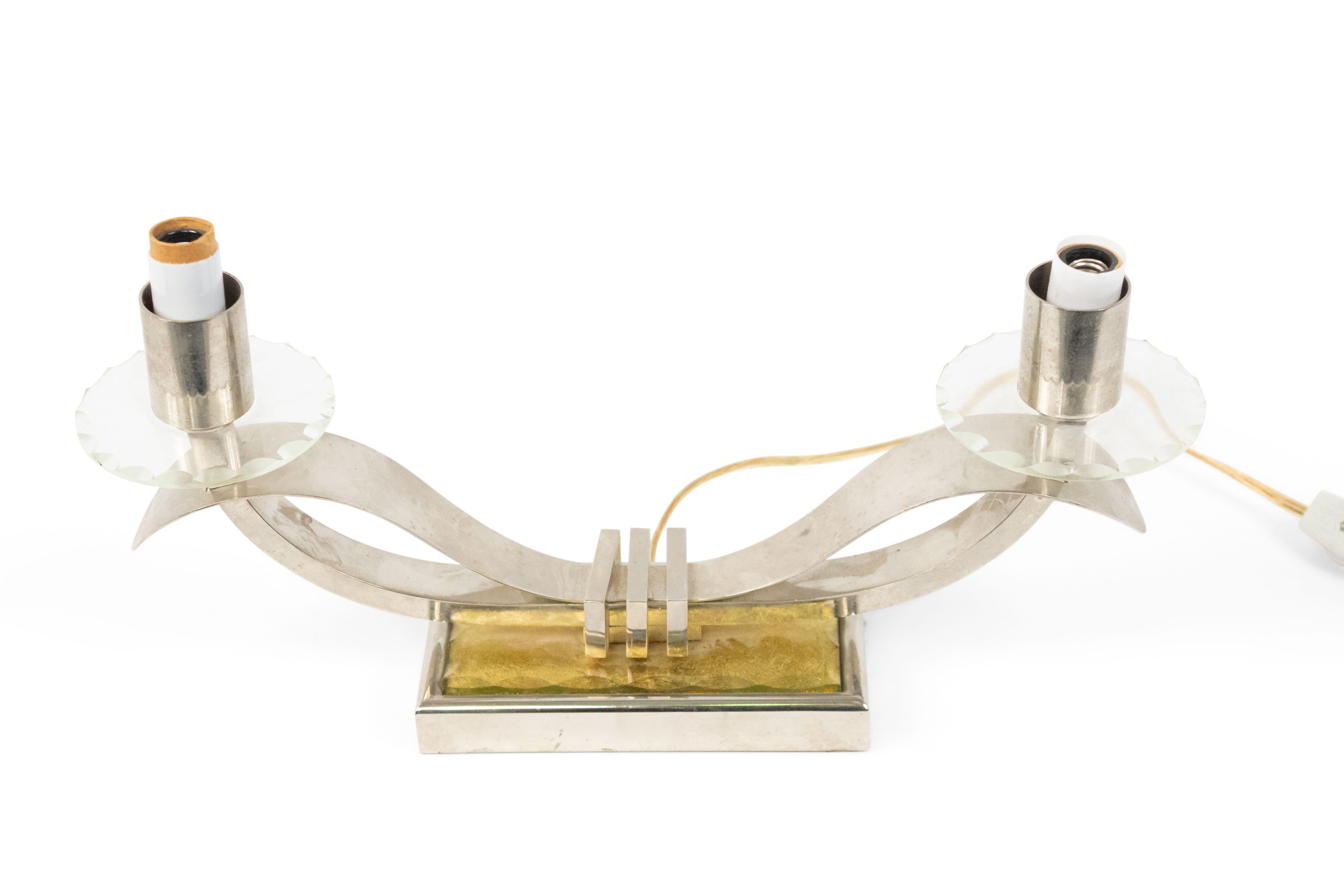 Pair of French Art Deco Nickel Plate Candelabra Table Lamps In Good Condition For Sale In Queens, NY
