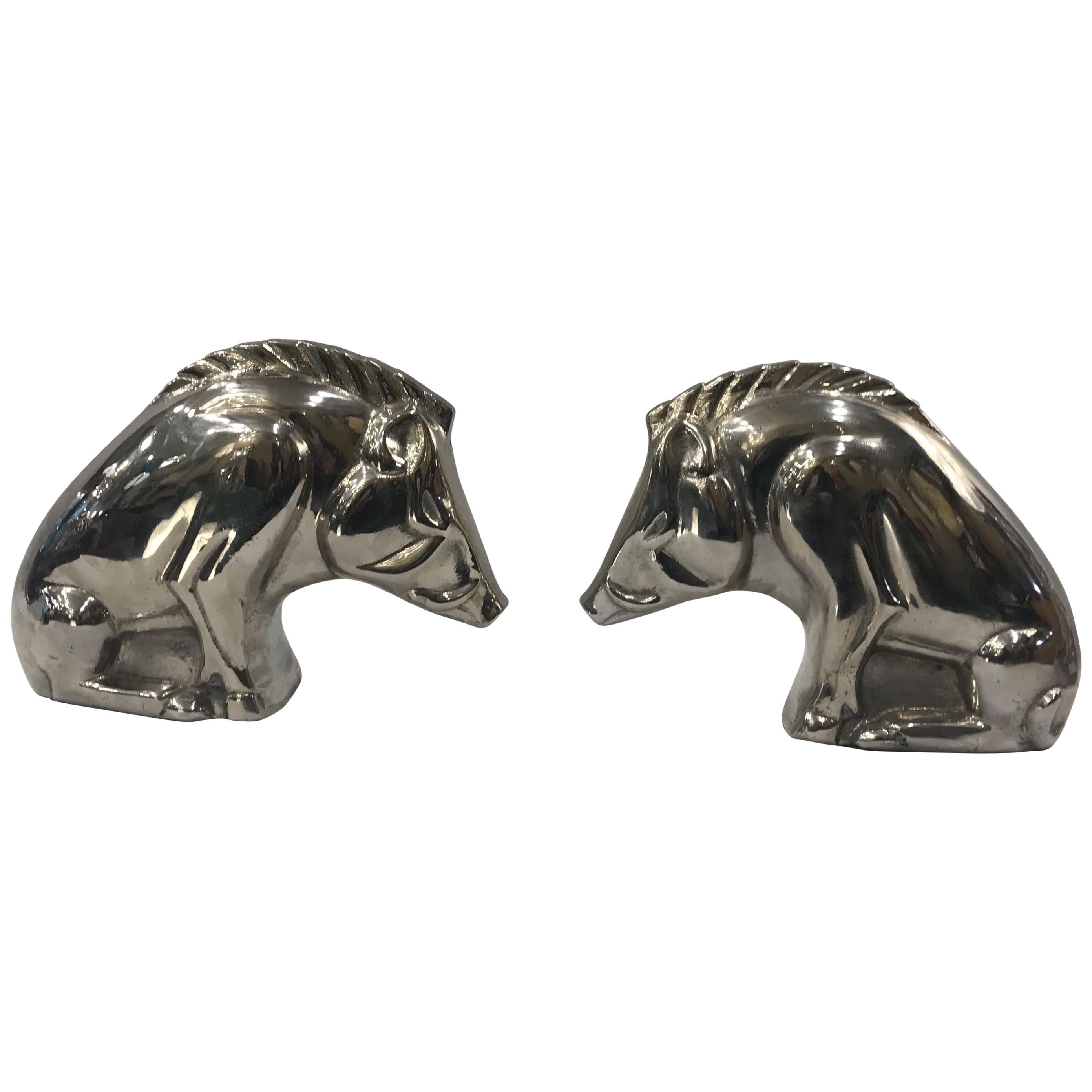 Pair of French Art Deco Nickel-Plated Brass Bookends, 1930-1940 For Sale