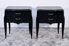 Pair of French Art Deco Night Stands in Black Lacquer with Drawers, 1930s