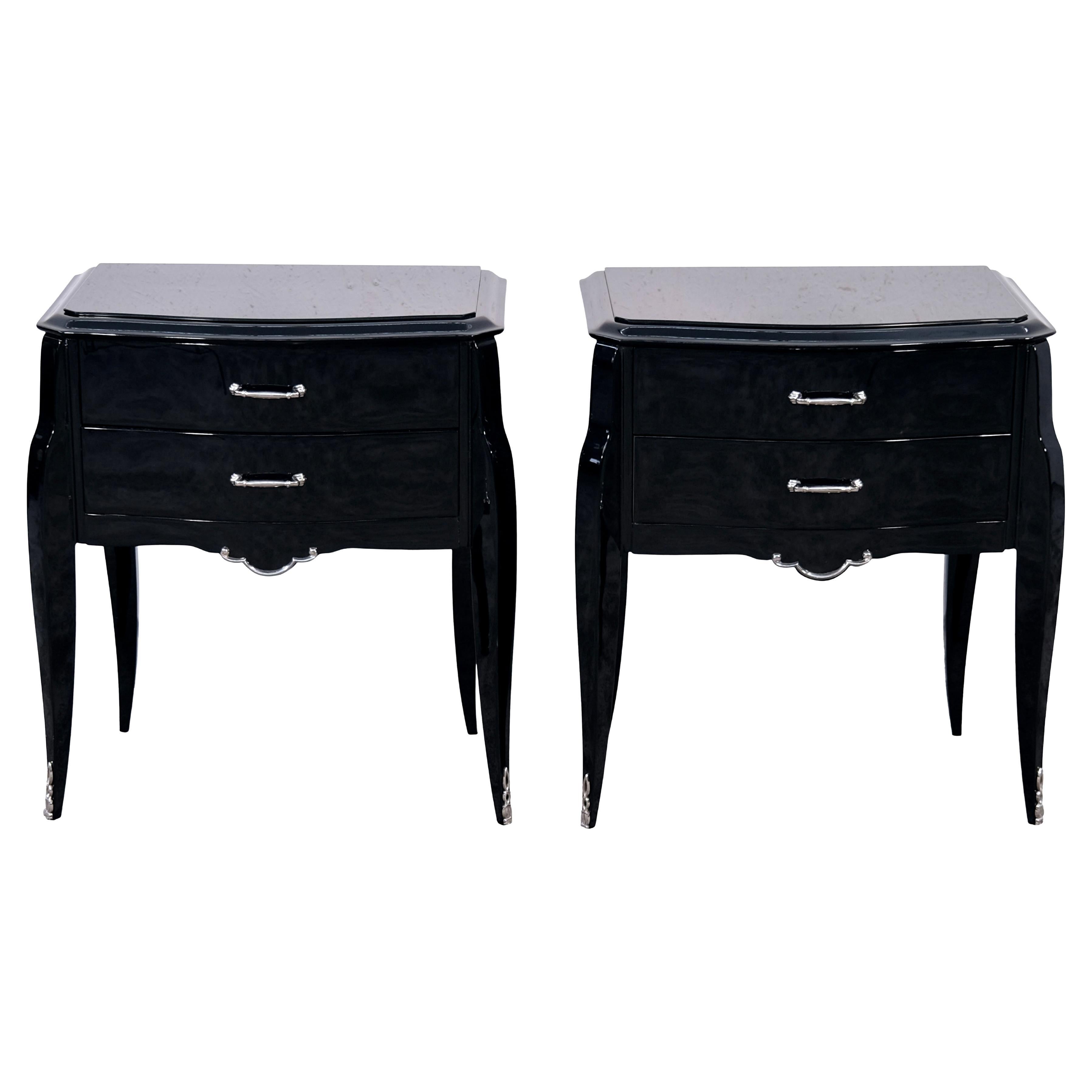 Pair of French Art Deco Night Stands in Black Lacquer with Drawers, 1930s