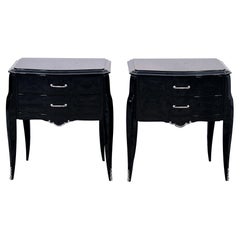 Pair of French Art Deco Night Stands in Black Lacquer with Drawers, 1930s
