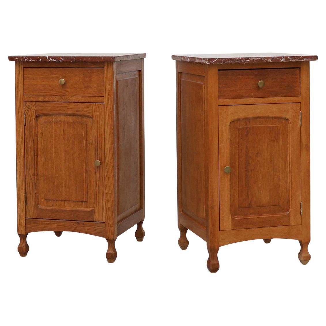 Pair of French Art Deco Nightstands in oak with marble tops, 1930s