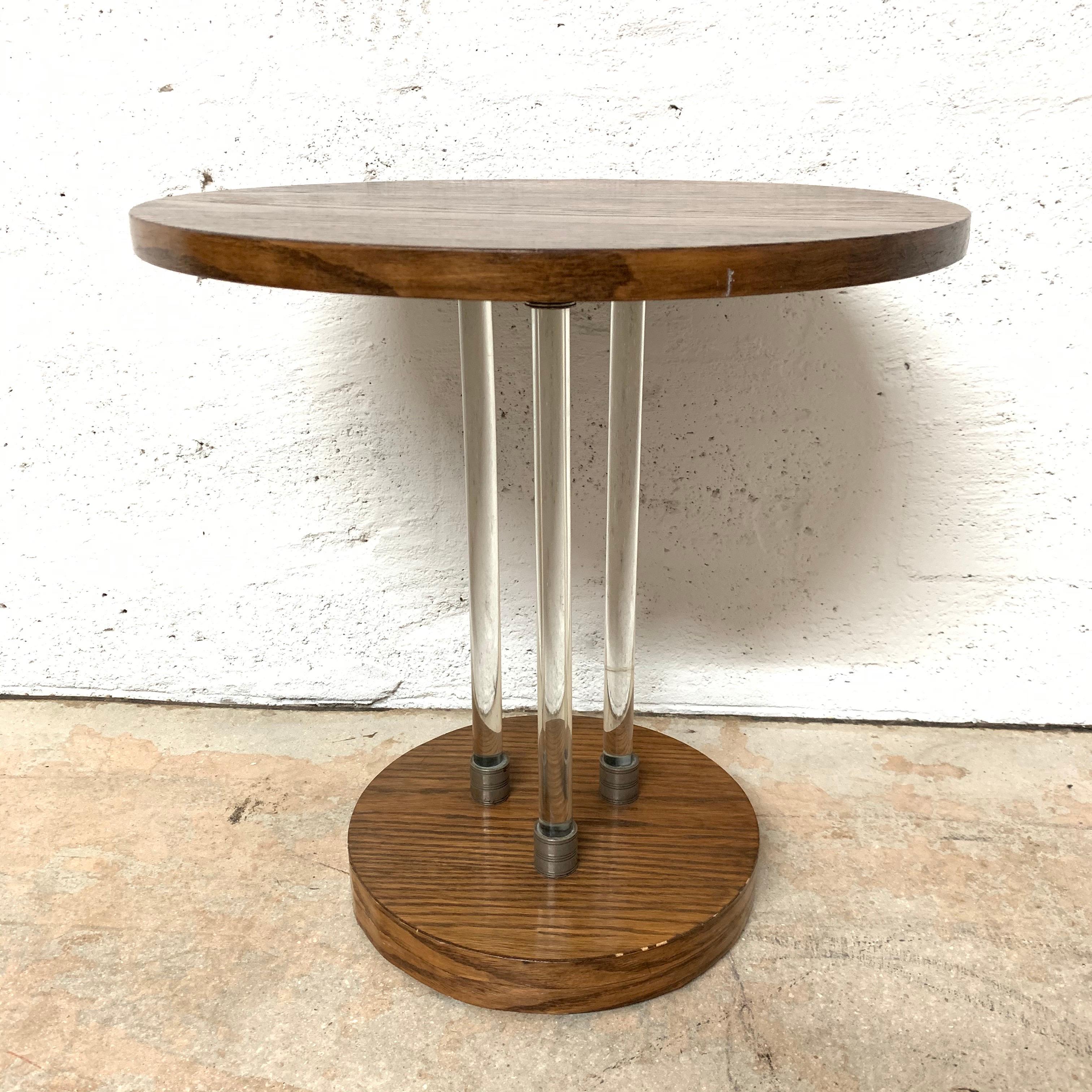 Unique pair of 20th Century Art Deco side or end tables rendered in oak veneer with glass rods and nickeled brass appointments, France, 1930s.