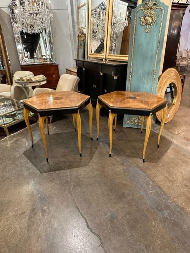 Great pair of French Art Deco patchwork oak and ebony inlaid side tables with nickel trim. Circa 1920. Perfect for today's transitional designs!