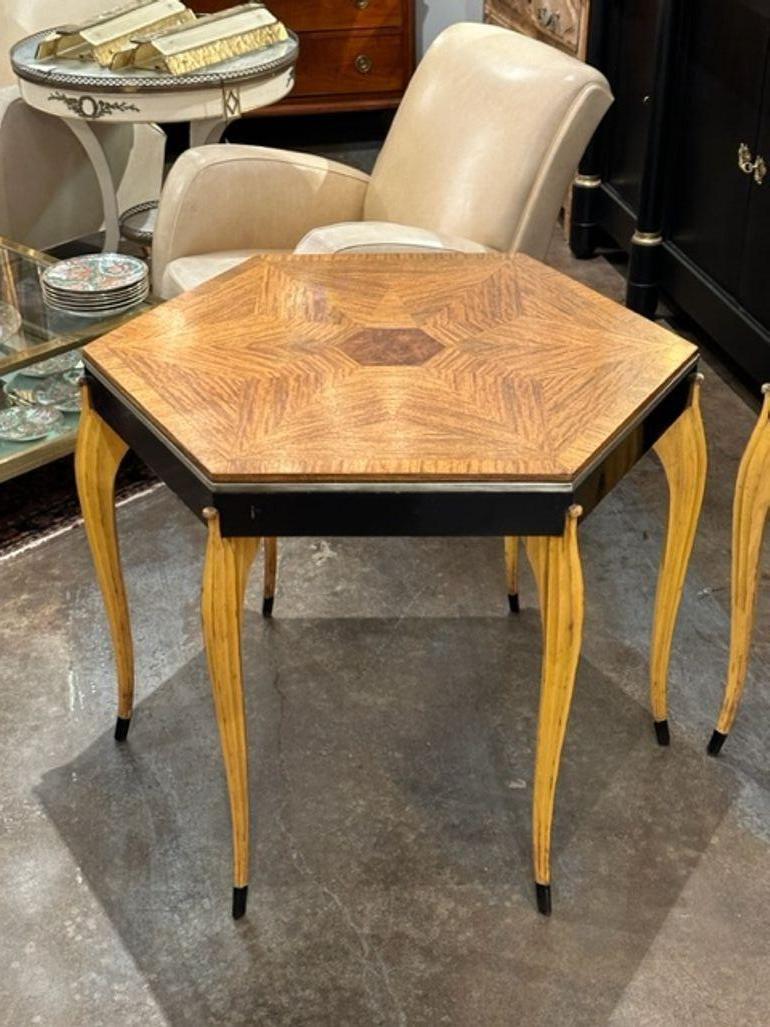 Pair of French Art Deco Oak Inlaid Side Tables In Good Condition For Sale In Dallas, TX