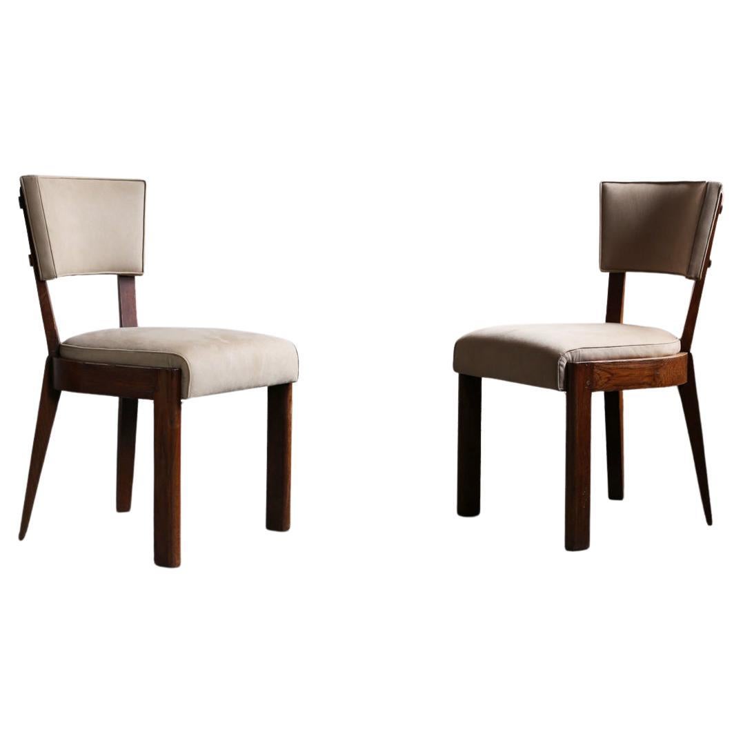 Pair of French Art Deco Oakwood Dining Chairs by Charles Dudouyt
