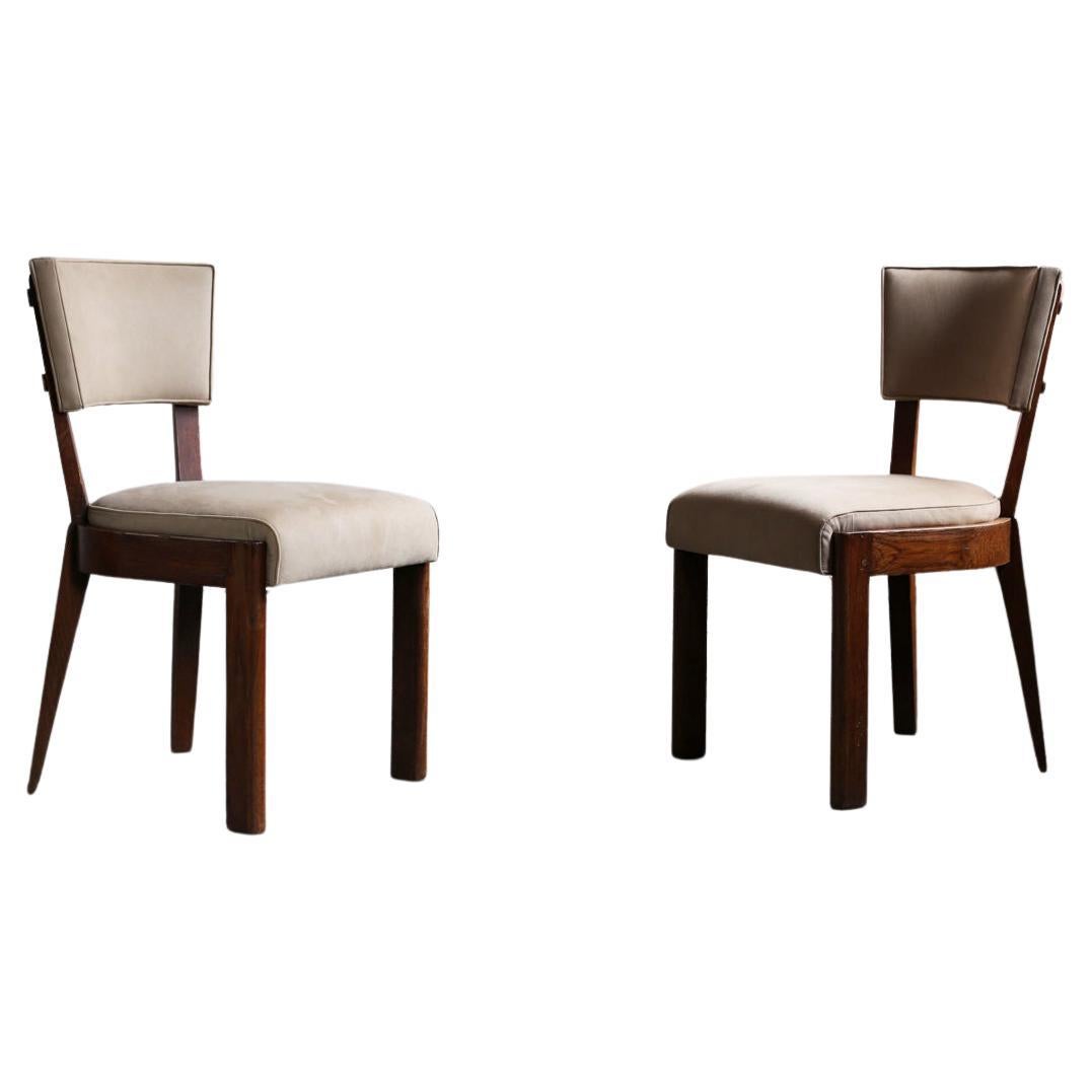 Pair of French Art Deco Oakwood Dining Chairs by Charles Dudouyt For Sale