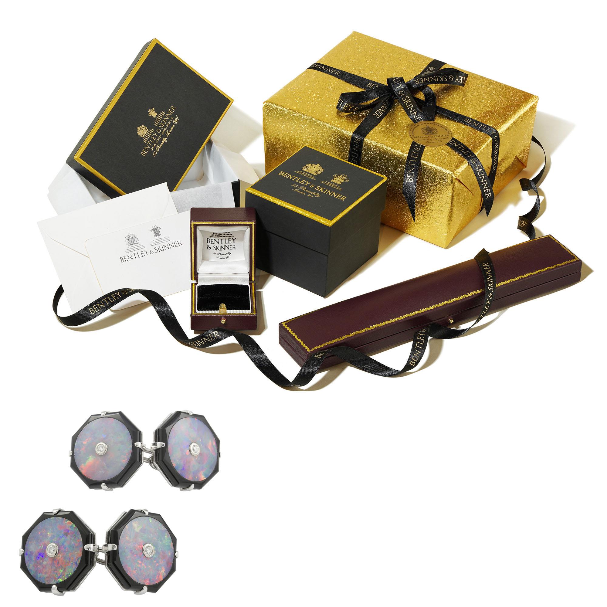 Women's or Men's Pair of French Art Deco Opal, Onyx and Diamond Cufflinks