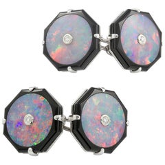 Vintage Pair of French Art Deco Opal, Onyx and Diamond Cufflinks