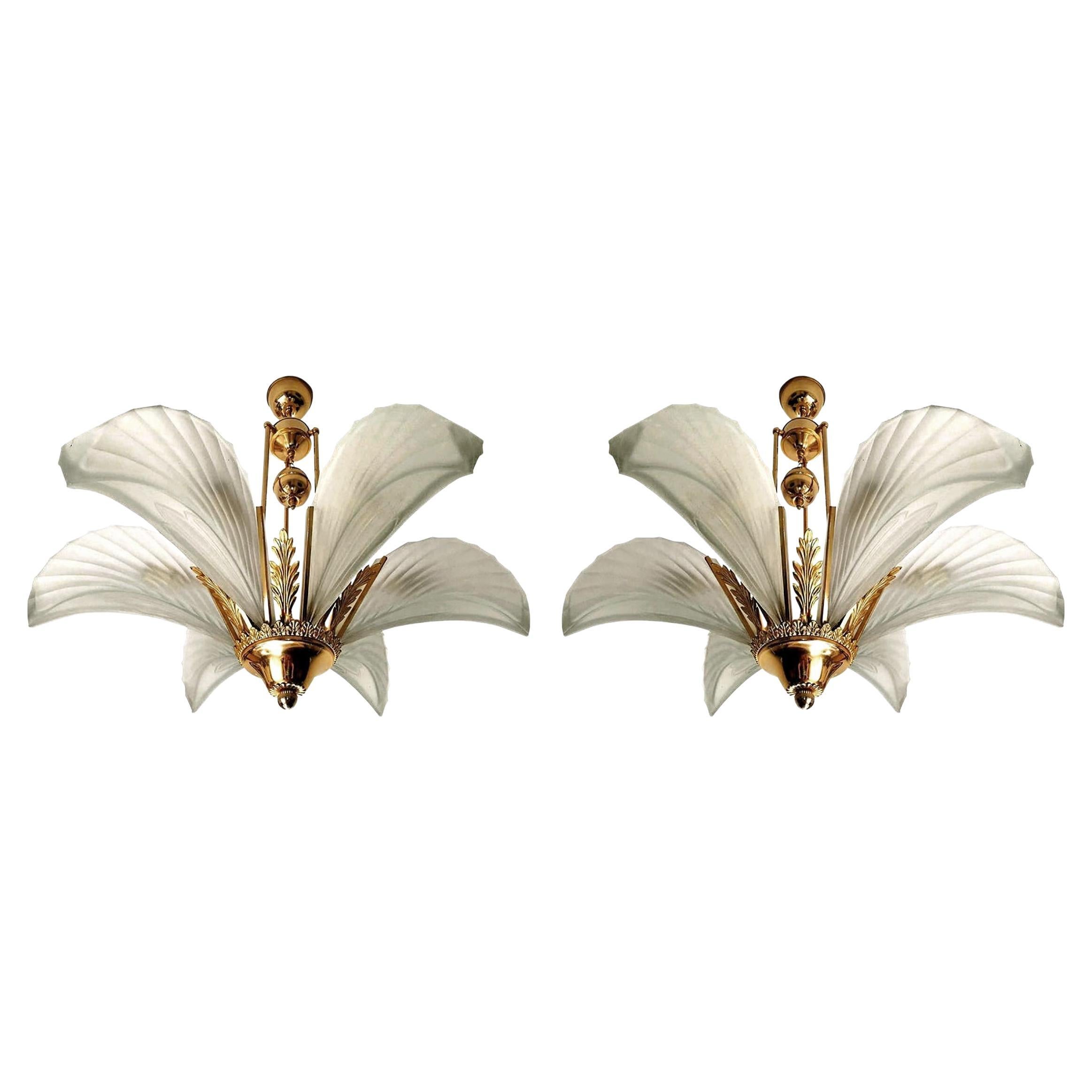 Pair of French Art Deco Palm Tree Feather Chandelier, Frosted Glass 
Gilt (PPU)