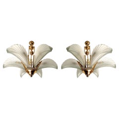 Pair of French Art Deco Palm Tree Feather Chandelier, Frosted Glass & Gilt (PPU)