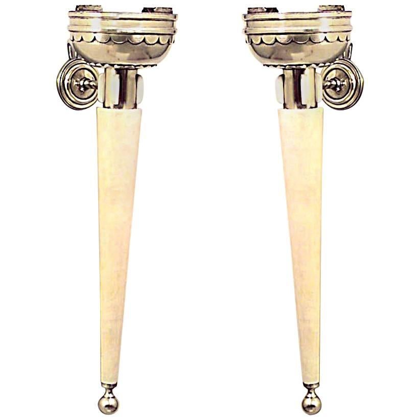 Pair of French Art Deco Parchment and Brass Torch Wall Sconces For Sale