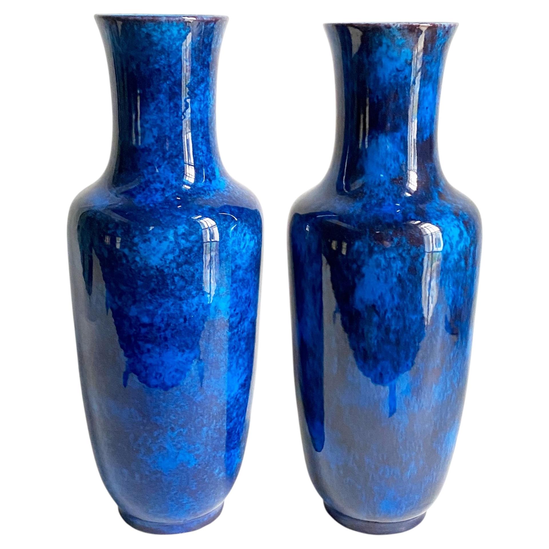 Pair of French Art Deco Paul Milet for Sèvres Cobalt Blue Flambé Ceramic Vases