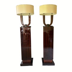 Paire de piédestaux et de lampes de bureau Art déco français, ébène de Macassar, années 1930
