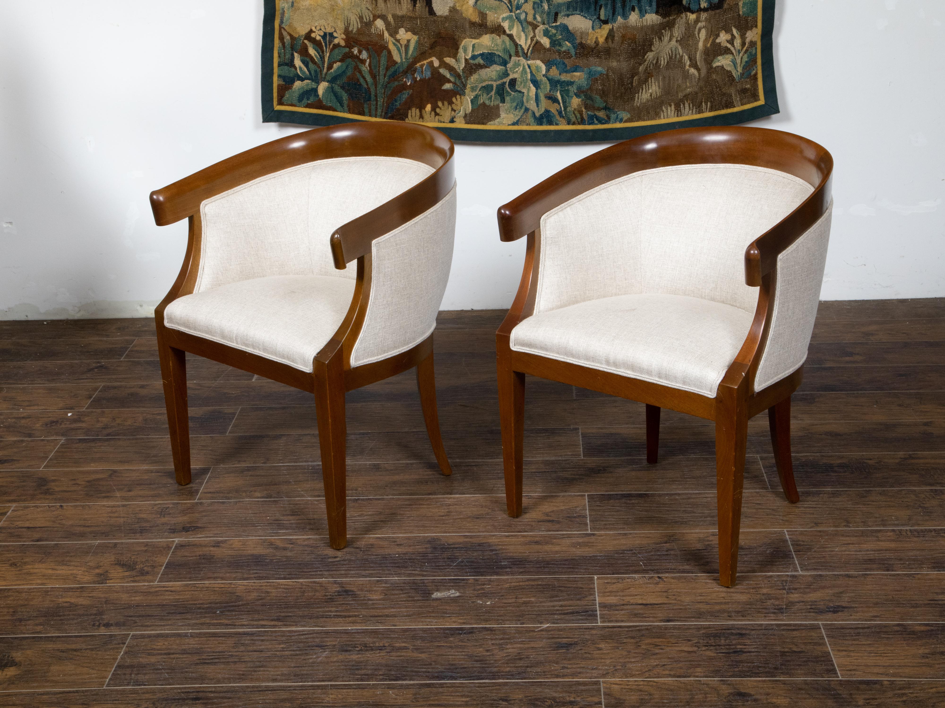 Pair of French Art Deco Period 1930s Walnut Horseshoe Back Upholstered Armchairs In Good Condition For Sale In Atlanta, GA