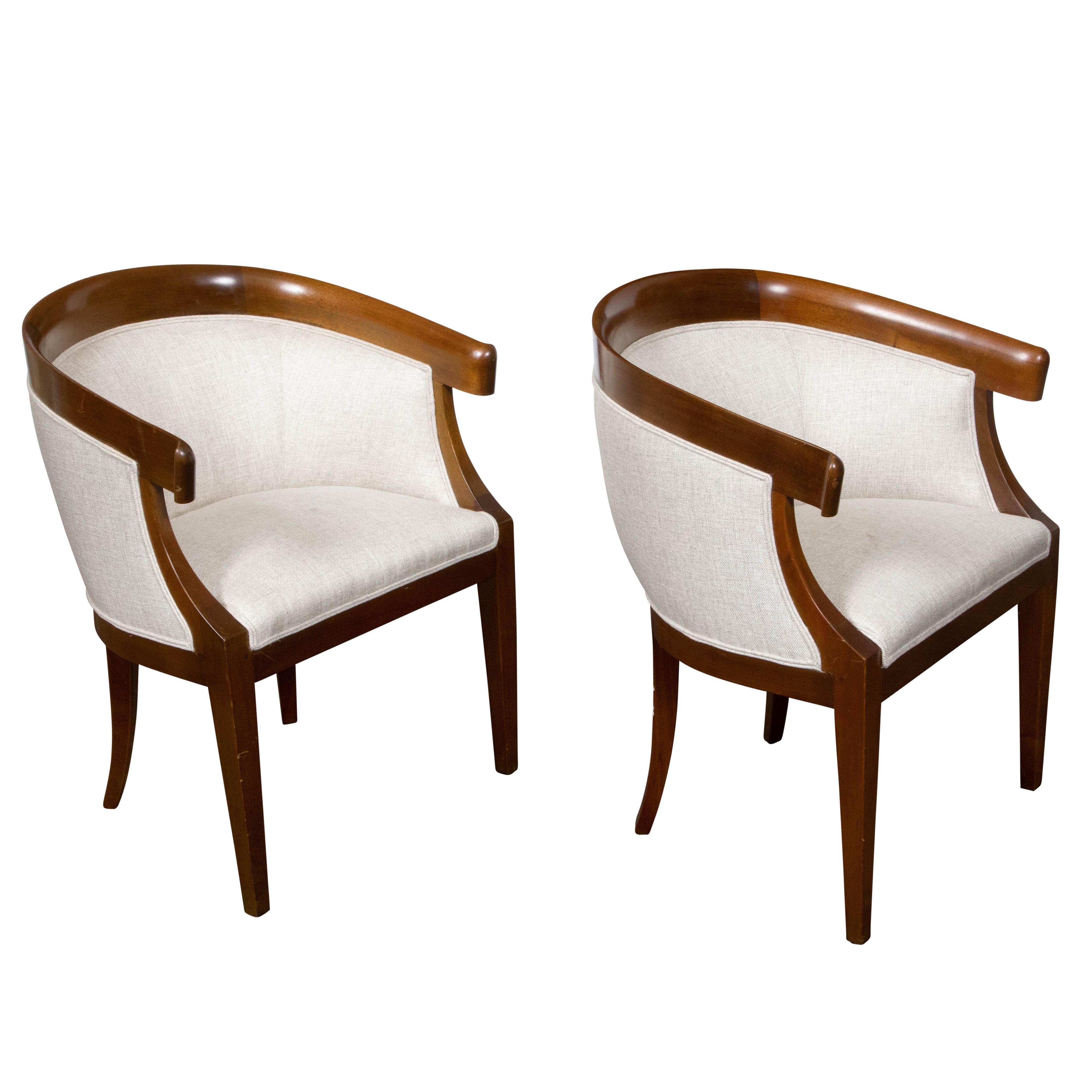 Pair of French Art Deco Period 1930s Walnut Horseshoe Back Upholstered Armchairs For Sale 2